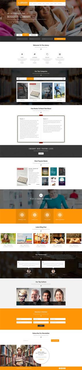 橙色宽屏大气响应式图书馆网上书店商城网站苹果CMS模板