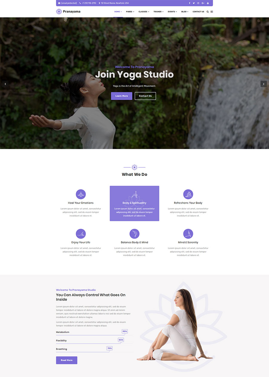 紫色清新大气响应式瑜伽课程培训网站苹果CMS模板